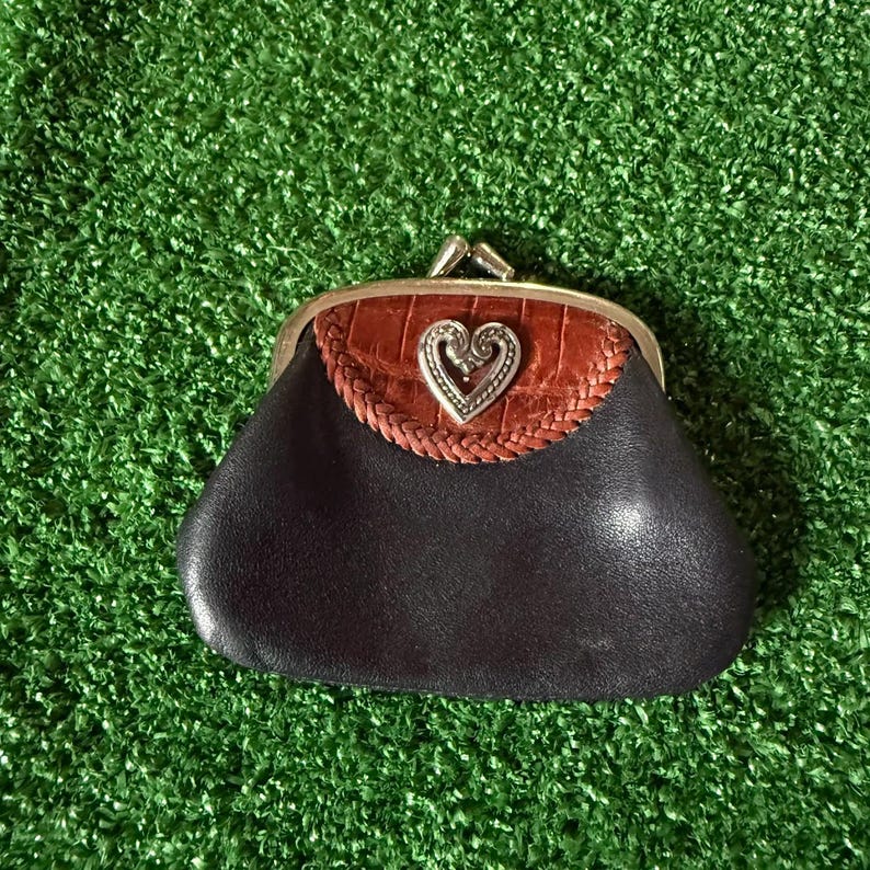 Brighton Black Leather Heart Coin Purse Kiss Lock Croc Embossed Retro Vintage image 1
