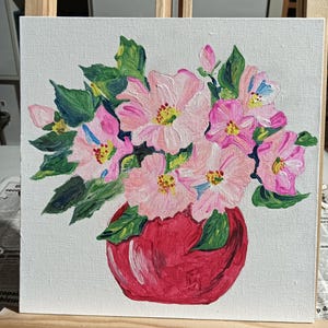 Tableau bouquet de fleurs original sur carton entoilé 25cm X 25cm
