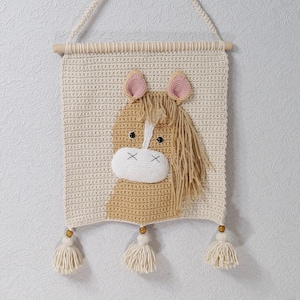 Horse crochet wall hanging for nursery room Cotton wall decor for bedroom Nursery farm animal wall tapestry for Kids room Farmhouse wall art image 5