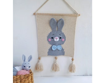 Bunny crochet wall hanging for baby boy nursery, Toddler room wall decor, Woodland nursery wall art