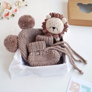 Lion baby gift box for pregnant sister, Neutral lion baby gift set for safari baby shower, Lion small baby toy, Knit bonnet and booties