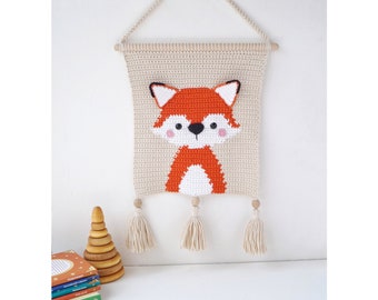 Fox crochet wall hanging for nursery, Woodland animal wall decor for kids room, Forest nursery wall art