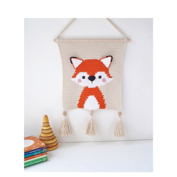 Fox crochet wall hanging for nursery, Woodland animal wall decor for kids room, Forest nursery wall art