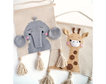 Safari nursery wall decor set of crochet wall hangings, Jungle animal wall art for kids room