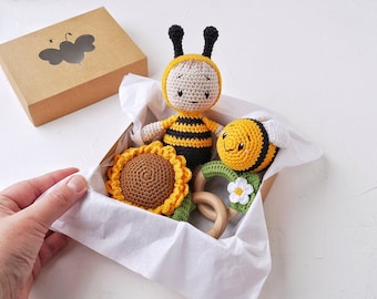 Honigbiene Baby Geschenkbox mit Biene kleines häkeln Spielzeug, Hummel Baby Spielzeug und Sonnenblume Baby Spielzeug, Sommer Baby Dusche Geschenk für Mama zu sein