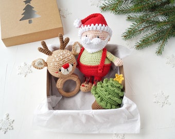 Ensemble cadeau pour bébé Père Noël avec petit jouet Père Noël, jouet pour bébé renne et jouet pour bébé sapin de Noël, idée cadeau premier Noël pour bébé