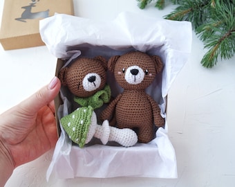 Bosbeer babycadeauset voor aanstaande moeder, zwangerschapscadeaudoos voor toekomstige ouders met klein speelgoed beer, paddenstoel en beer eerste babyspeelgoed