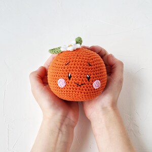 May include: A crocheted orange fruit with a smiling face, pink cheeks, and a green and white leaf and flower detail. The orange is held in two hands against a white background.