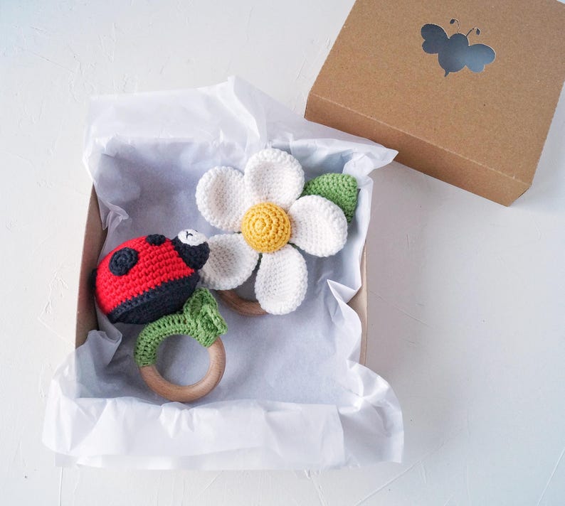 Ladybug Baby Gift Box With Ladybug Baby Rattle, Daisy Flower Rattle and ...