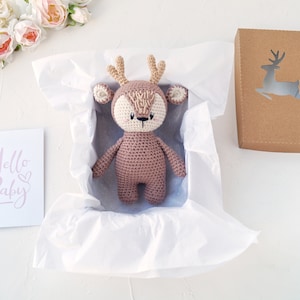 Deer small knit toy for newborn baby, First Christmas gift, Reindeer stuffed toy for toddler, Woodland baby shower gift