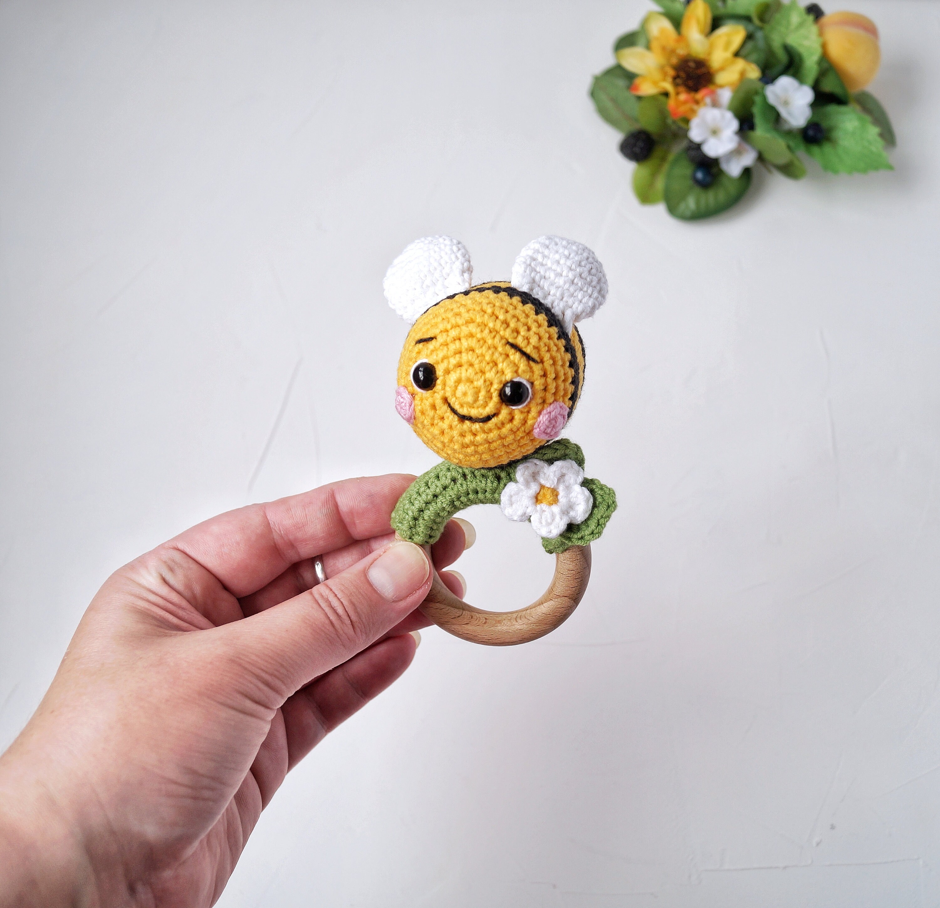Crochet bee baby rattle on wooden ring Honey bee baby shower | Etsy