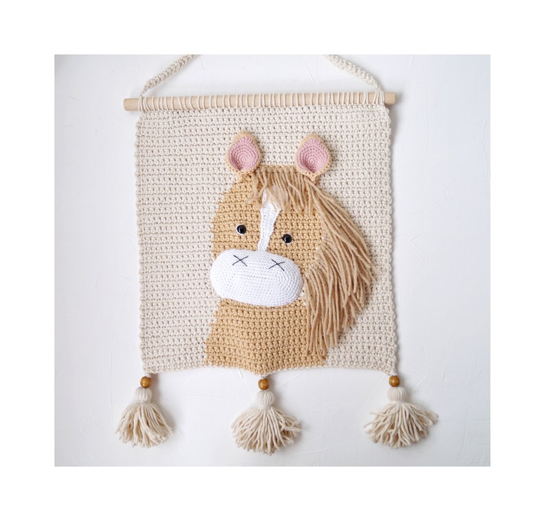 Horse crochet wall hanging for nursery room Cotton wall decor for bedroom Nursery farm animal wall tapestry for Kids room Farmhouse wall art image 1