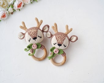 Deer baby toys for first time mom, Baby girl welcome gift, Personalized cotton toys on wood ring