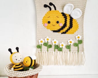 Bumblebee crochet nursery wall hanging, Gender neutral wall decor, Honey bee nursery wall art