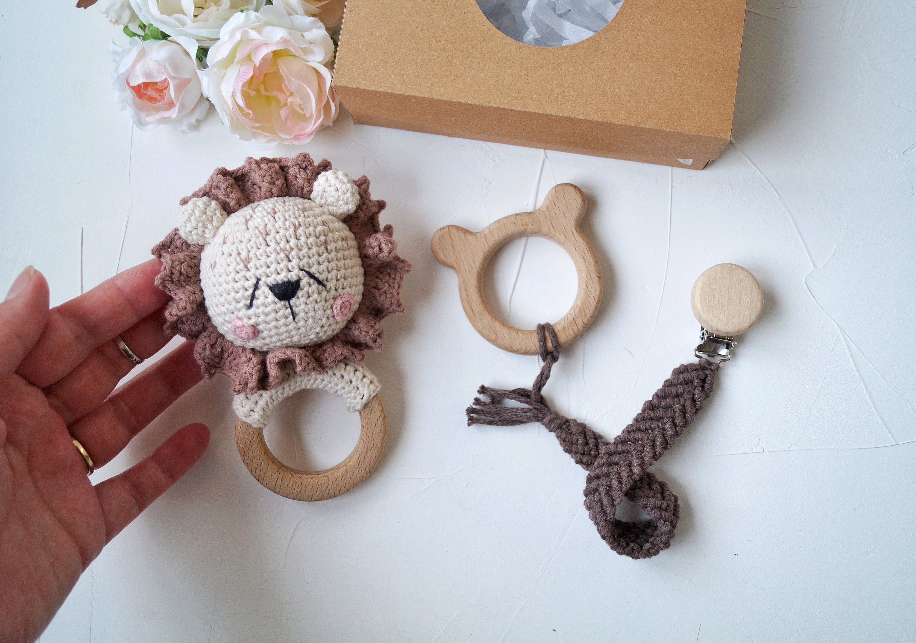 Safari Baby Shower Gift Box, Lion Crochet Rattle, Personalized Gift for ...