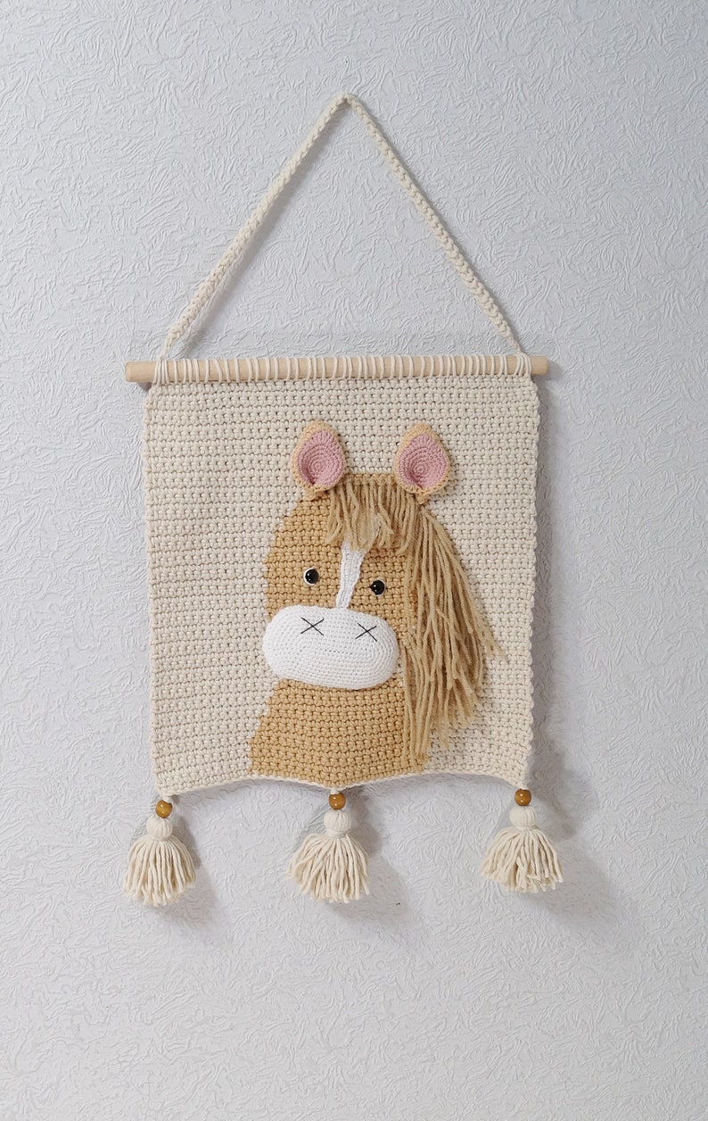 Horse crochet wall hanging for nursery room Cotton wall decor for bedroom Nursery farm animal wall tapestry for Kids room Farmhouse wall art image 5