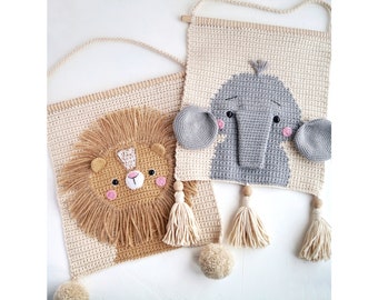 Jungle nursery decor set of wall hangings, Lion Elephant Giraffe kids room wall decor, Safari animal wall posters