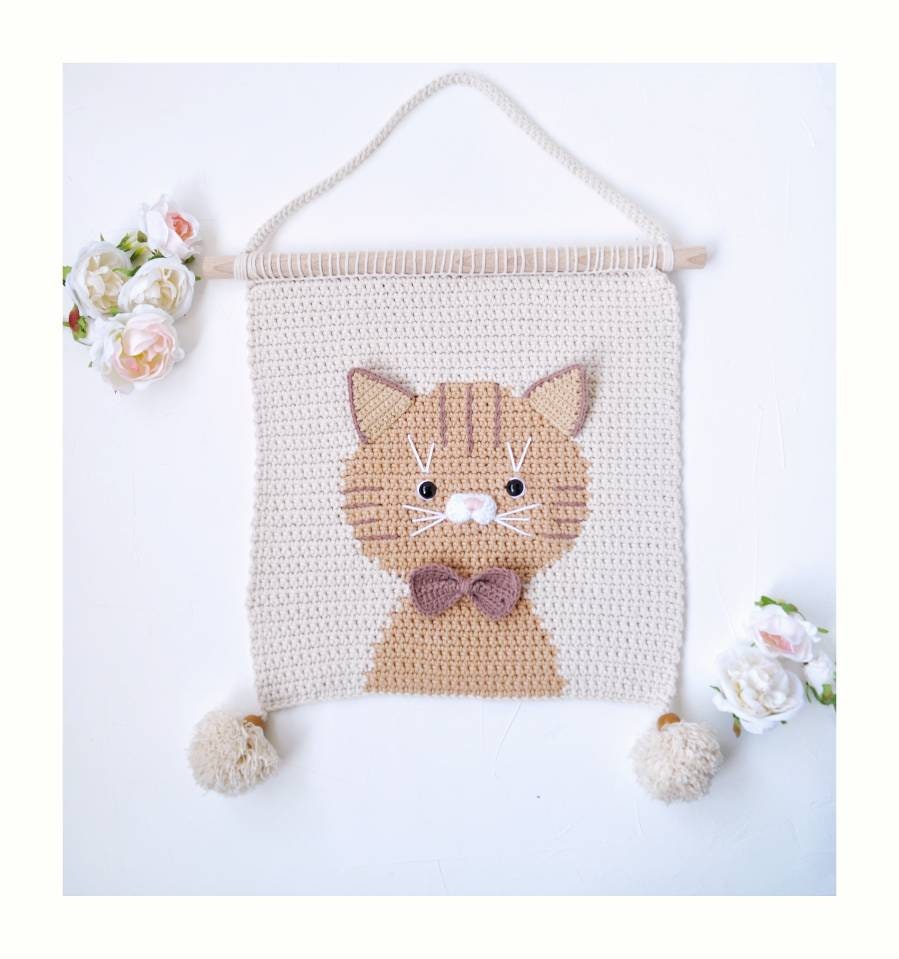 Cat Crochet Coton Accrochage Mural Pour Chambre de Kitty Nursery Boho Art Baby Girl Boy Décor Macram