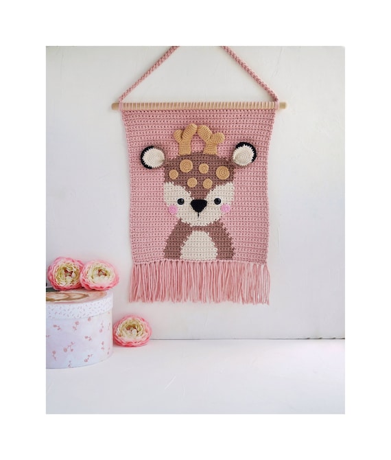 Deer nursery crochet wall hanging, Reindeer nursery wall decor in pink, Woodland nursery wall art, Personalized custom nursery wall decor