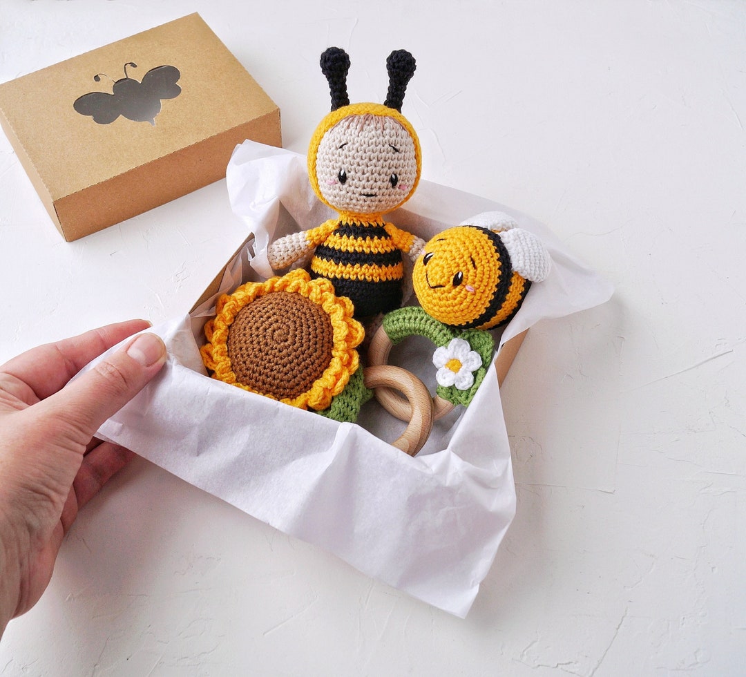 Honey Bee Baby Gift Box With Bee Small Crochet Toy, Bumble Bee Baby Toy and Sunflower Baby Toy