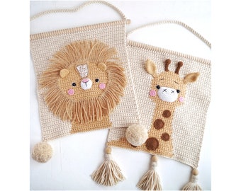 Lion Giraffe and Elephant crochet wall hangings for safari nursery decor, Set of cotton wall hangings for jungle room decor