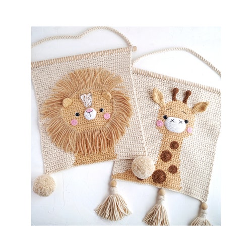 Tapices de ganchillo con diseño de león, jirafa y elefante para la decoración de una habitación infantil con temática de safari. Conjunto de tapices de algodón para la decoración de una habitación con temática de la jungla.