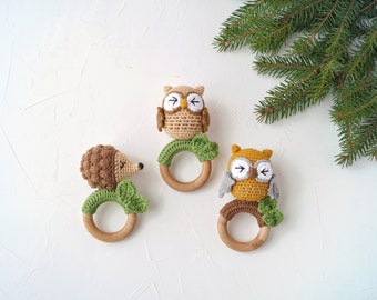 Hedgehog and owl baby toys, Woodland baby shower decor gifts, Woodland animal first baby toys
