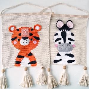 Väggbonader med tiger, lejon, giraff, panda, apa, zebra och elefant för djungelbarnkammare, väggkonst för småbarnsrum