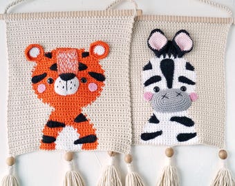 Tiger, Lion, Giraffe, Panda, Monkey, Zebra and Elephant wall hangings for jungle nursery wall decor, Toddler bedroom wall art