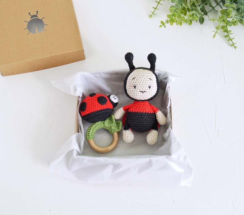 Ladybug Baby Gift Box With Ladybug Baby Rattle, Daisy Flower Rattle and ...