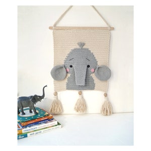 Elephant crochet wall hanging for nursery room, Nursery safari animal wall decor for kids room, Jungle animal tapestry