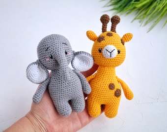 Knitted safari animal toys for baby or toddler, Giraffe , elephant, lion and hippo stuffed toys for baby twins, First birthday gift idea