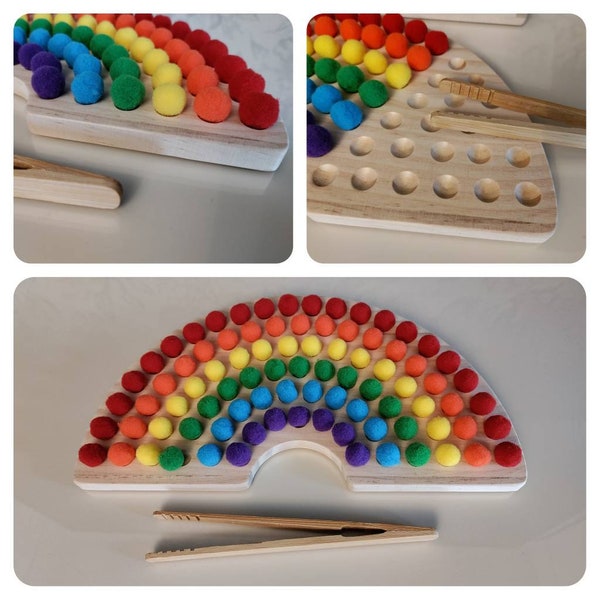 Regenbogen Montessori Motorik Spiel Holzspielzeug Lernspielzeug Farben Zählen Pompons