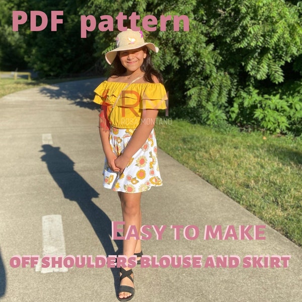 Off Shoulder kids Sewing Pattern, Skirt Pattern For Girls, PDF Sewing Patterns For Matching Top And Skirt Girls