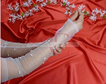 Pearl Bridal Gloves, Tulle Fingerless Bridal Gloves, Bridal Sleeve Custom