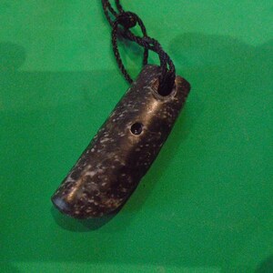 May include: A dark gray stone pendant with a hole drilled through it, hanging from a black cord.