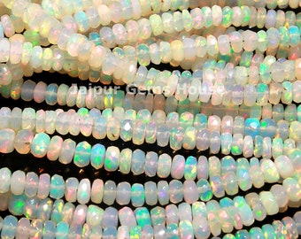 AAA Quality Ethiopian Opal Faceted Rondelle Beads, 4mm - 5mm Multi Fire Opal Rondelle Beads, Natural Rainbow Flashy Opal Gemstone Necklace