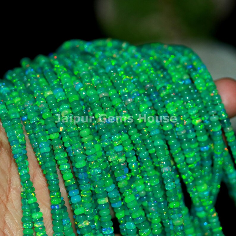 Natural Green Opal Smooth Rondelle Beads, AAA Fire Opal Beads, Welo Opal Loose Gemstone Beads Strand Jewelry. Ethiopian Opal Beads Wholesale image 2