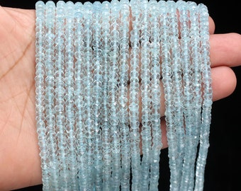 AAA+ Natural Aquamarine Faceted Rondelle Beads, 4 mm Blue Aquamrine Semi Precious Gemstone Loose Beads Strand for Jewelry Craft, Wholesale