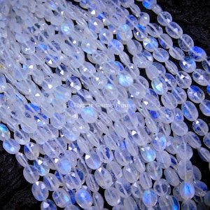 RAINBOW MOONSTONE Faceted Oval Shape Beads, AAA Blue Flashy Aura White Moonstone Loose Gemstone Beads Strand for Jewelry Making on Wholesale
