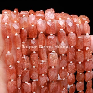 AAA Quality Sunstone Faceted Rectangle Shape Briolette, 6X8 - 7X9 mm Natural Orange Sunstone Chicklet Gemstone Beads, 8" Strands for Jewelry