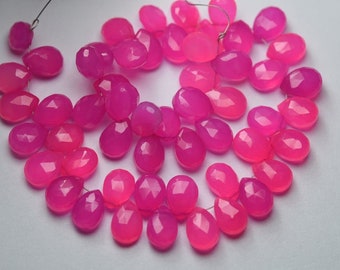 Hot Pink Chalcedony Pear Shape Beads, Pink Chalcedony Faceted Drop Briolette, Natural Pink Chalcedony Briolette, AAA+ 10mm, 12mm Briolette