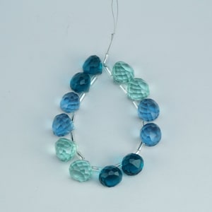 Green Amethyst,Sky Blue And London Blue Topaz Hydro Quartz Onion Shape Beads , 6 Matched Pairs 10mm Green and Blue Quartz Faceted Briolettes