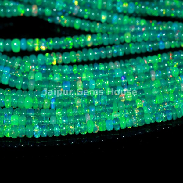 Perles rondelles lisses d’opale verte naturelle, perles d’opale de feu AAA, perles de pierres précieuses en vrac Welo Opal, bijoux en brins. Perles d'opale éthiopienne en gros