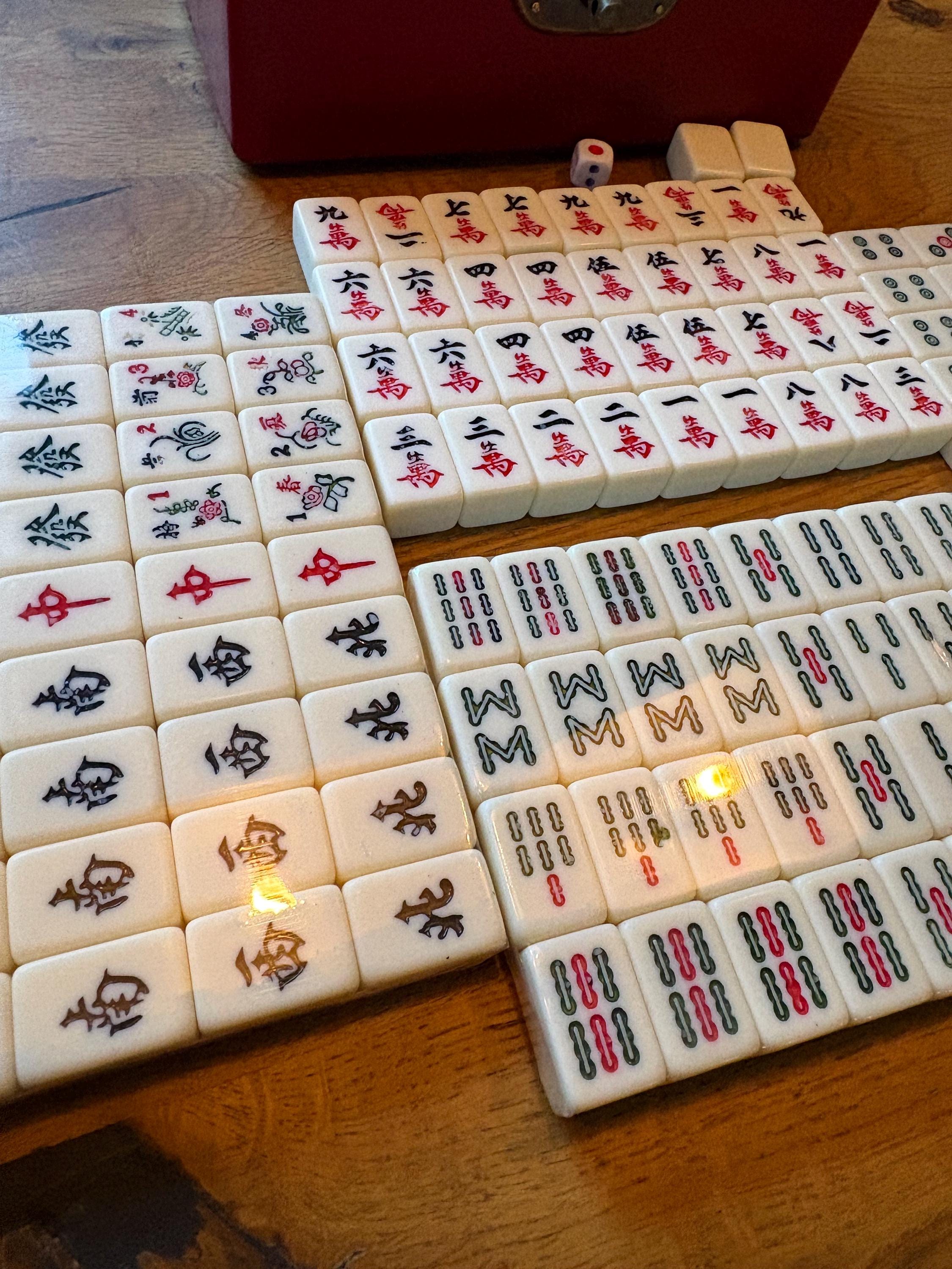 Unused Vintage Mahjong Set – Ornate Red Dragon Box, Cream Resin