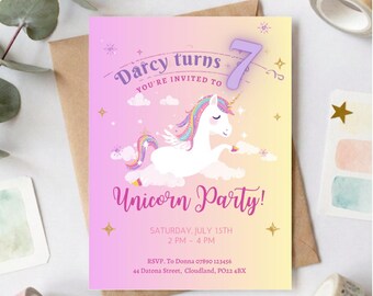 Personalised Girls' Party Invitations | Rainbow Unicorn Theme | Printed to Order