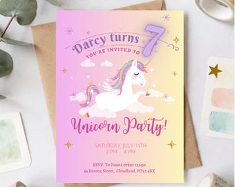 Simple Unicorn Birthday Party Invitation | Template Editable in Canva | Printable Digital Download