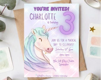 Pastel Unicorn Birthday Party Invitation | Template Editable in Canva | Printable Digital Download