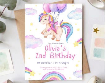 Watercolour Unicorn Birthday Party Invitation | Template Editable in Canva | Printable Digital Download