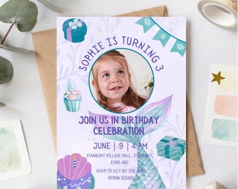 Personalised Girls' Party Invitations | Mermaid Princess Theme | Printed to Order
